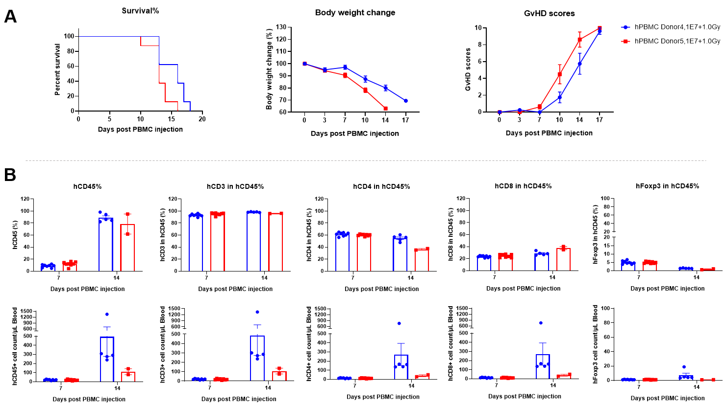 Effects of different PBMCs and injection volumes on GvHD model development